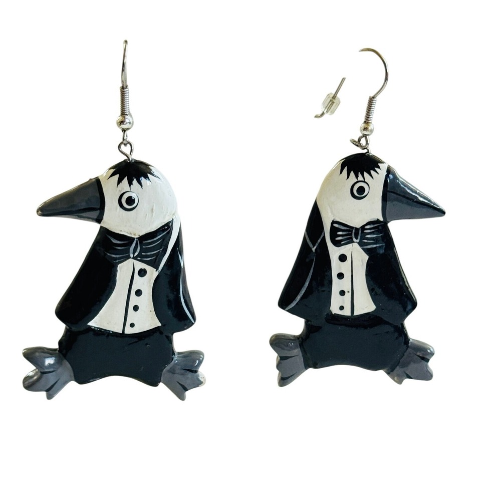 VTG Tuxedo Penguin Wood Earrings statement dangle Pierced Painted Chunky Figural